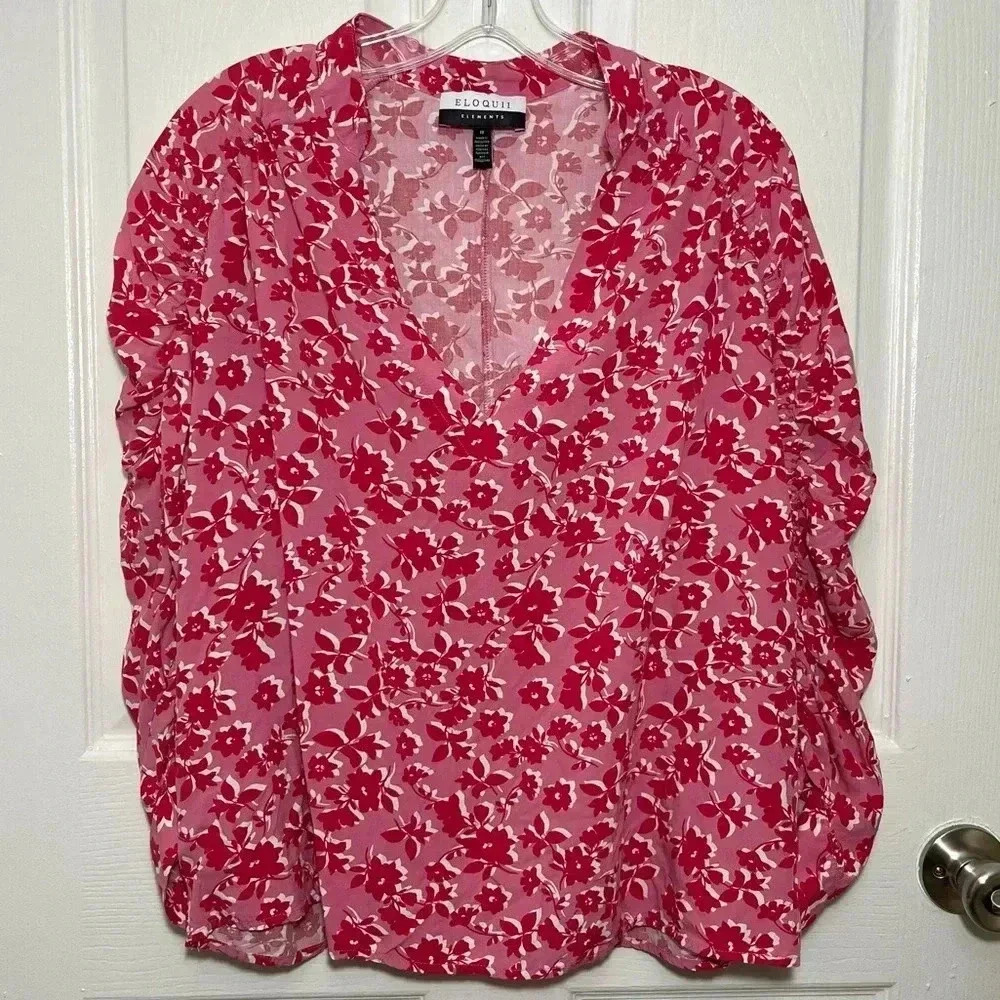 ELOQUII ELEMENTS Pink and Fuchsia Boxy Floral Long Sleeve V-Neck Top | size 18